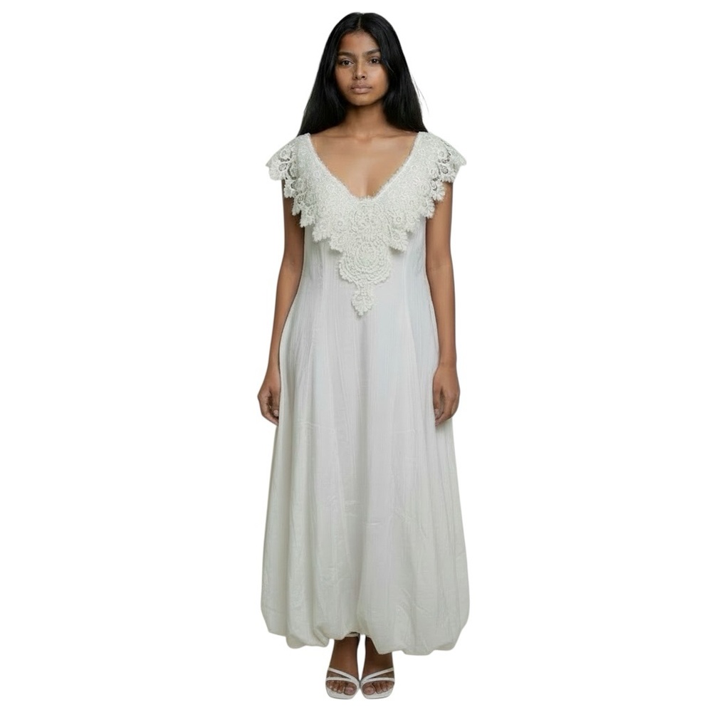 Loralie Made in USA Vintage Off Shoulder Cream Lace Formal Gown Prom Dress